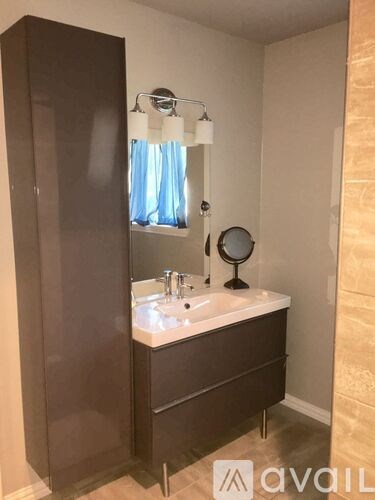 A bathroom with a sink, mirror, and cabinet.