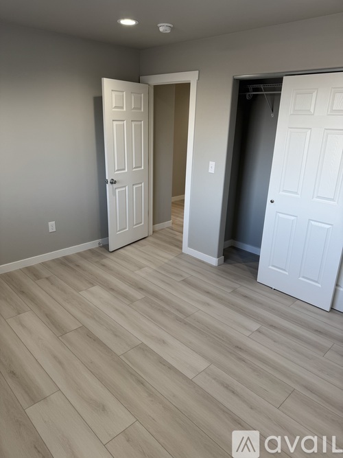 A room with light wood flooring and two white doors.