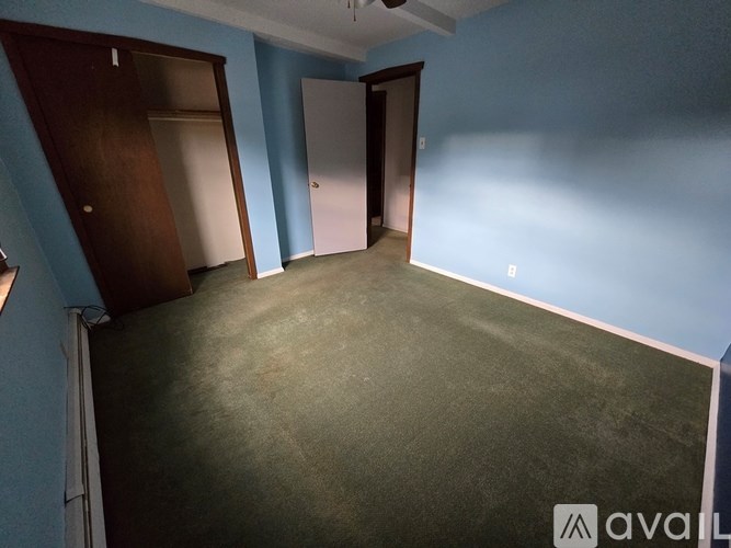 A room with a carpeted floor and two doors.