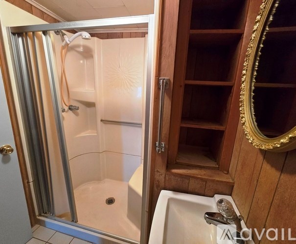 A bathroom with a shower, sink and mirror.