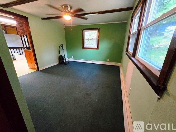 A room with green walls and a ceiling fan.