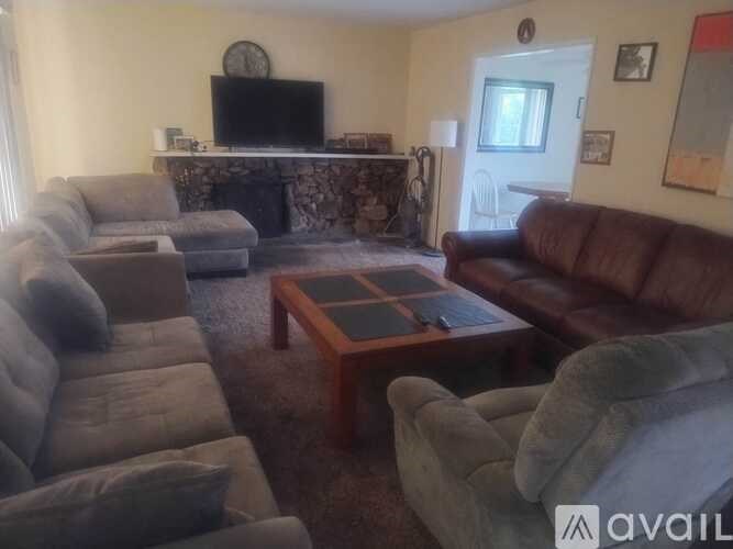 A living room with a grey couch, a brown couch, a coffee table, and a television.