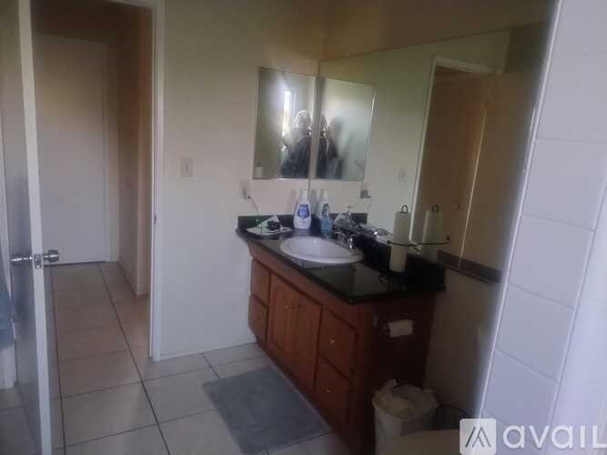 A bathroom with a sink, mirror, and a toilet paper roll.