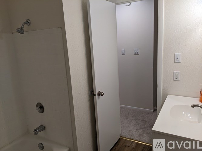 A bathroom with a shower, sink, and door.