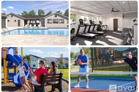 A collage of four images showing a pool, a gym, a playground, and a tennis court.