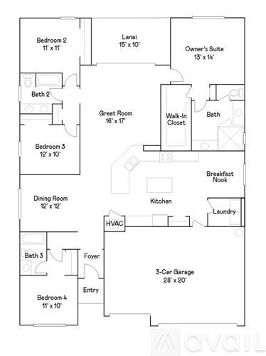 A floor plan of a house with four bedrooms, a garage, and a laundry room.