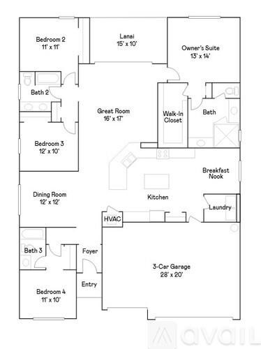 A floor plan of a house with four bedrooms, a garage, and a laundry room.
