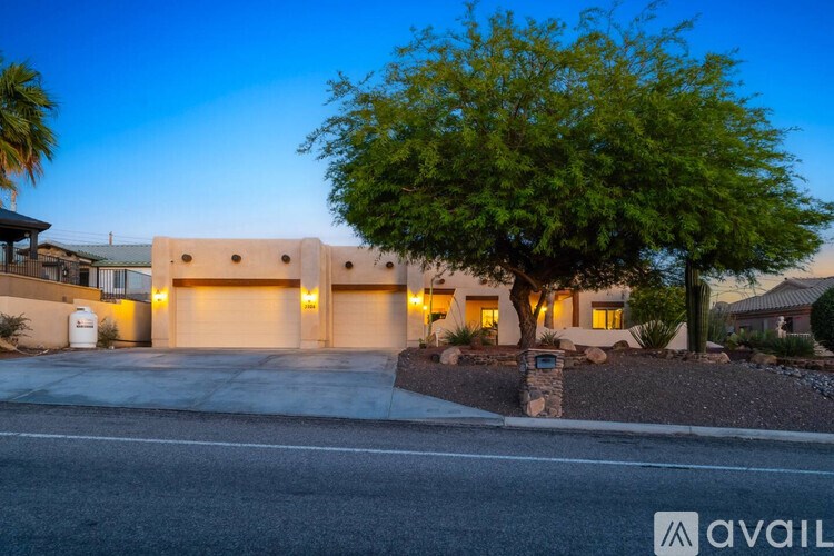 A house with a large tree in front and a garage door.