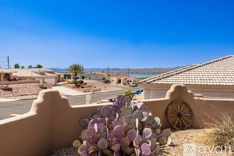 A cactus with purple flowers is in the foreground of a sunny day.