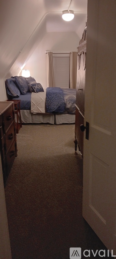 A bedroom with a bed and a carpeted floor.