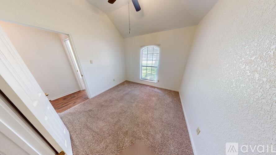 A room with a carpeted floor and a window.