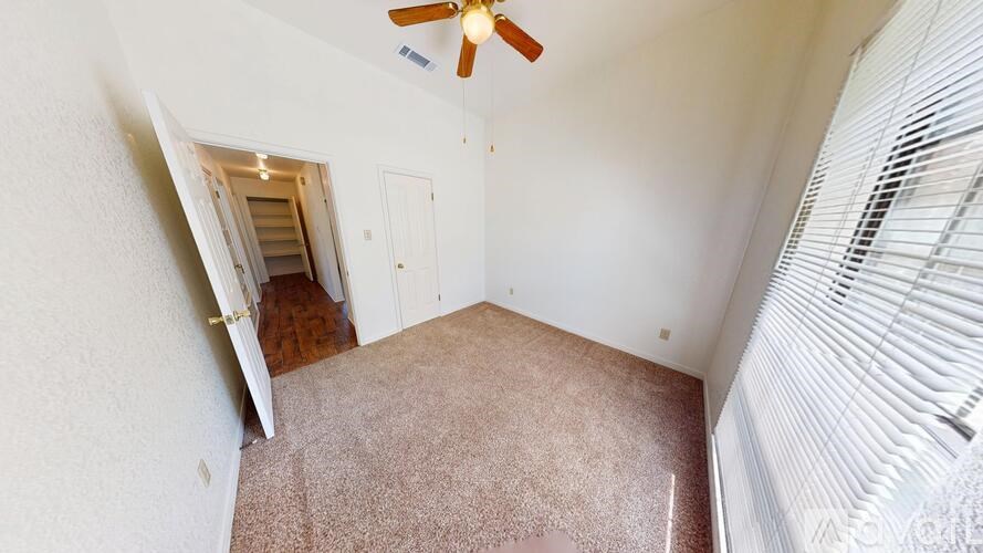 A room with a ceiling fan and a carpeted floor.