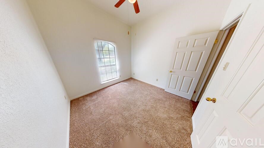 A room with a carpeted floor and a ceiling fan.
