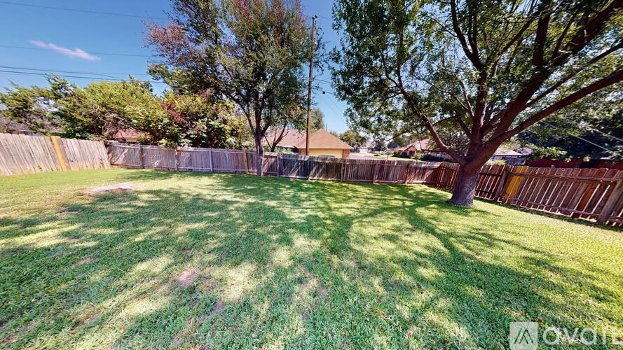 A backyard with a fence and a tree.