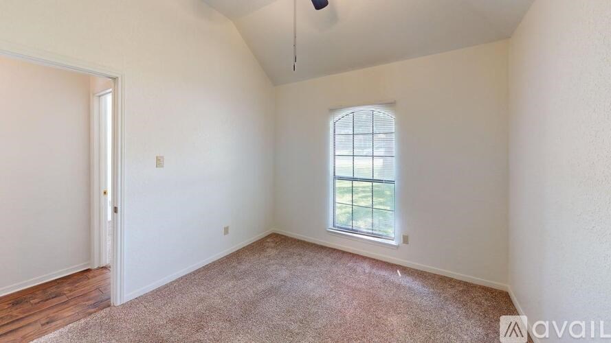 A room with a carpeted floor and a window.