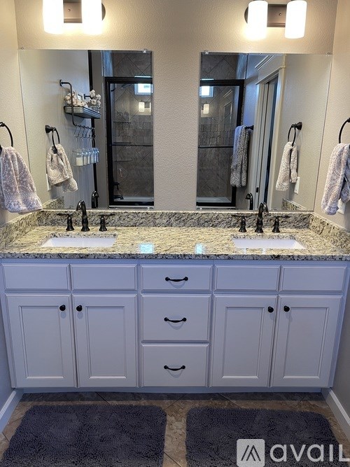 A bathroom with two sinks and a mirror above the counter.