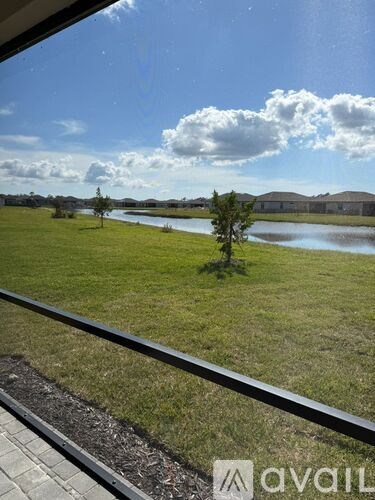 A view from a window looking out at a grassy field and a body of water.