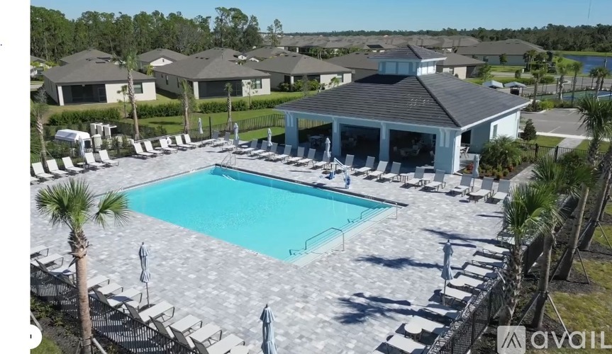 A large swimming pool surrounded by lounge chairs and umbrellas.