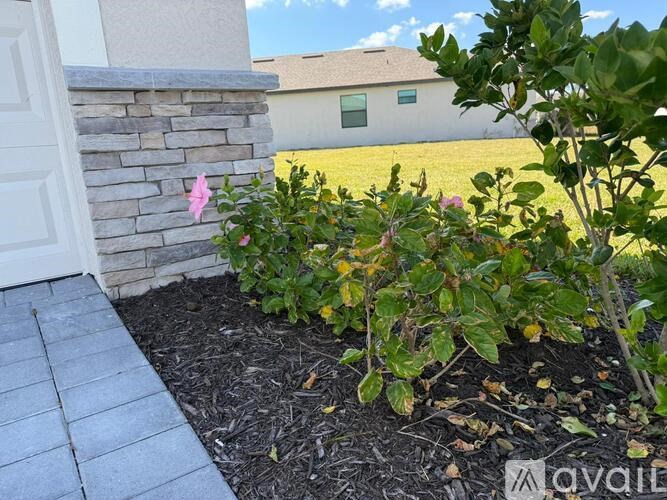 A garden with a white door and a stone wall.