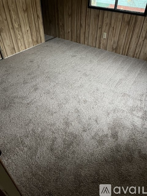 A room with a grey carpet and wooden walls.
