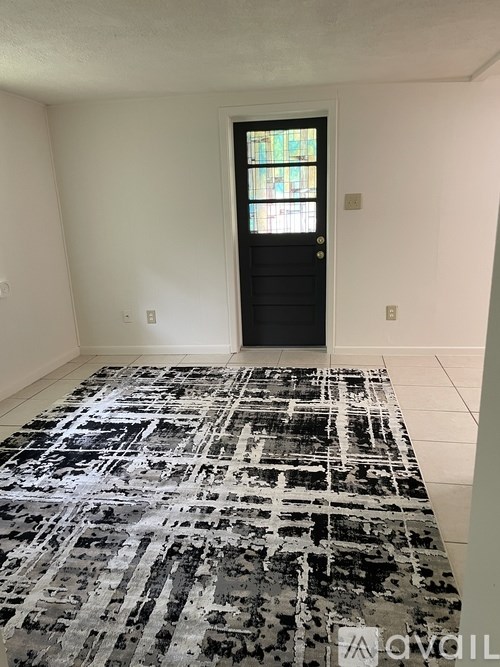 A black and white rug covers the floor of a room with a black door.