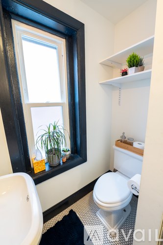 A bathroom with a toilet, sink, and window.