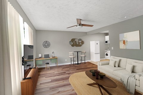 A living room with a couch, a coffee table, and a television.