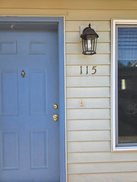 A blue door with a gold handle and a lantern above it.