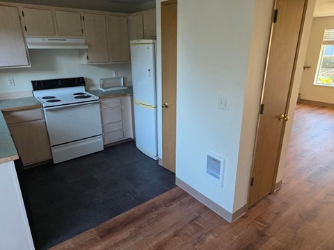 A kitchen with a stove top oven and a refrigerator.