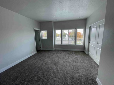 A room with grey carpet and a window with blinds.