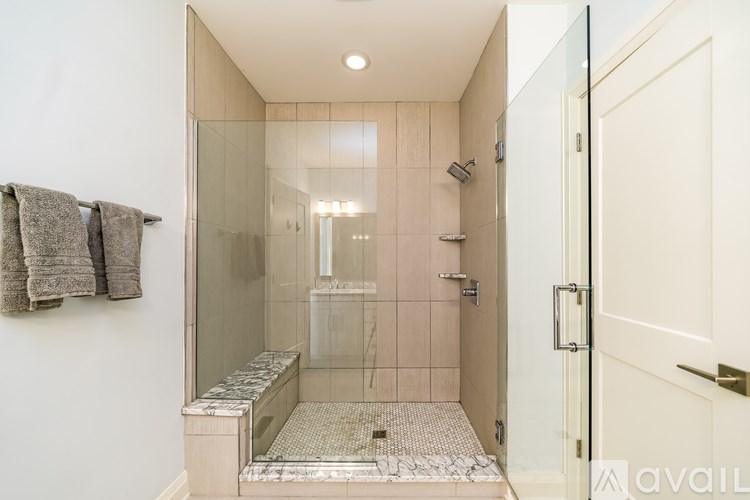 A bathroom with a walk-in shower and a white door.