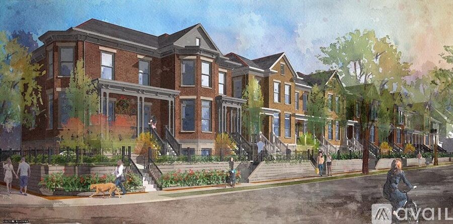 A row of houses with people walking in front.