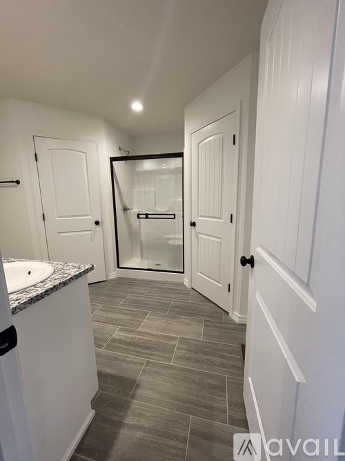 A bathroom with a walk-in shower and a sink.
