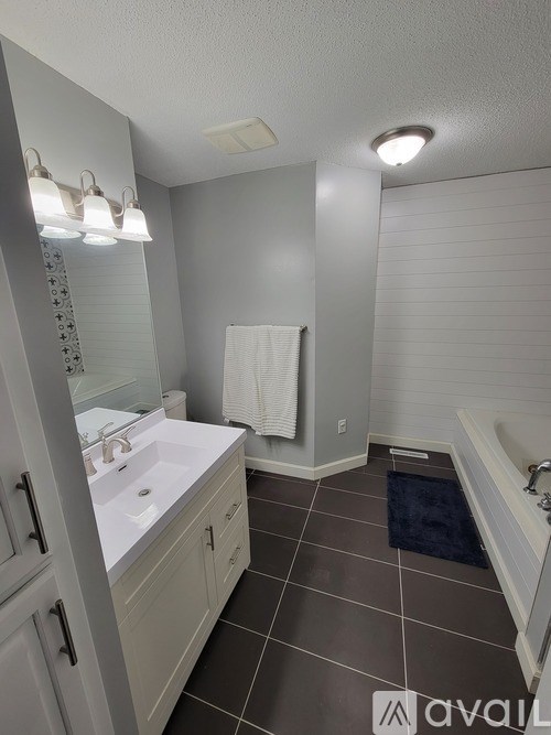 A bathroom with a white sink and a black floor.