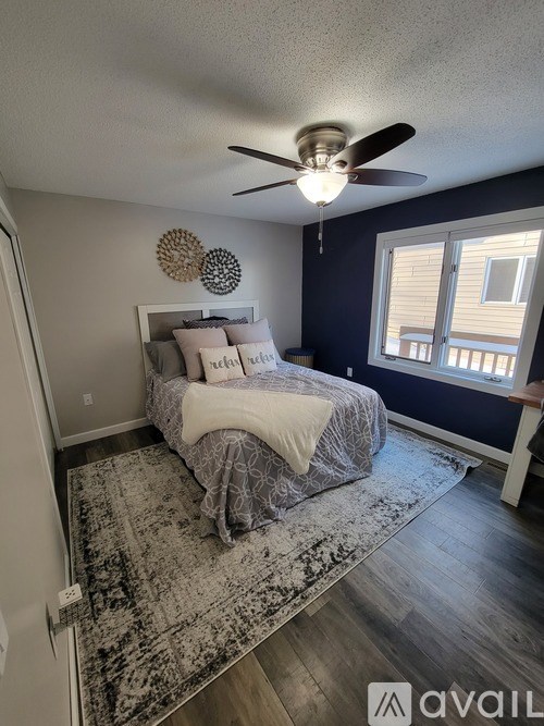 A bedroom with a bed, a ceiling fan, and a rug.