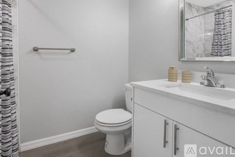 A bathroom with a toilet, sink, and a mirror.