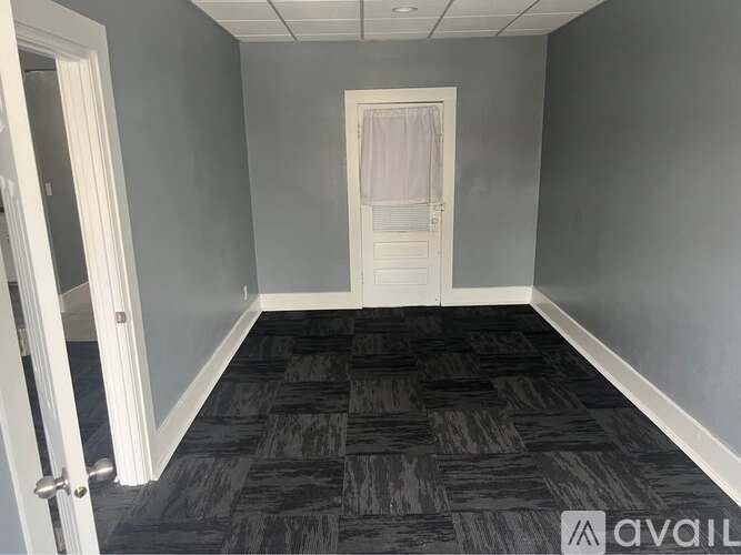 A room with a black floor and a white door.
