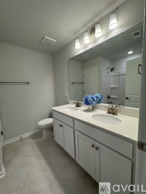 A bathroom with a white countertop and a white toilet.