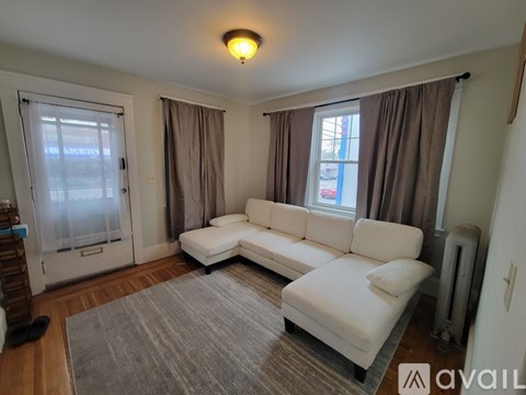 A living room with a white sofa and a grey rug.