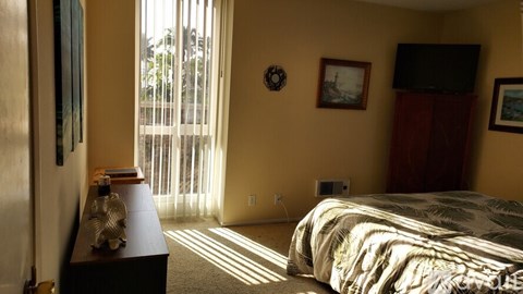 A bedroom with a bed, dresser, and window with sunlight streaming in.