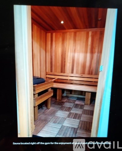 A wooden sauna with benches inside.