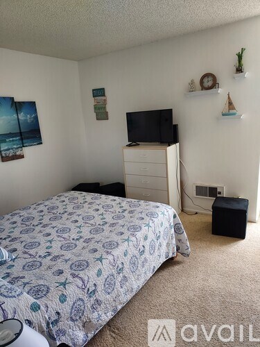 A bedroom with a bed, dresser, and television.