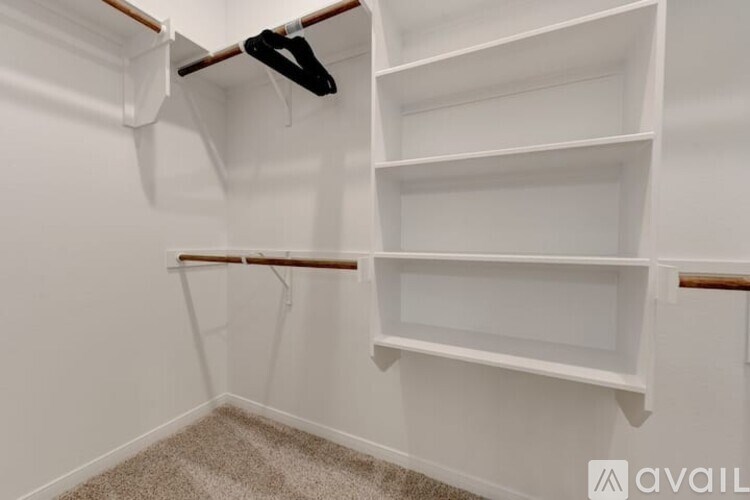 A white closet with a hanger and empty shelves.
