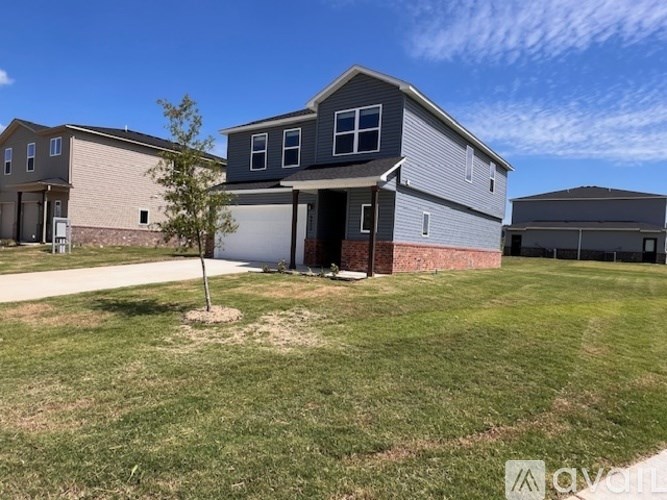 A small tree stands in front of a grey house.
