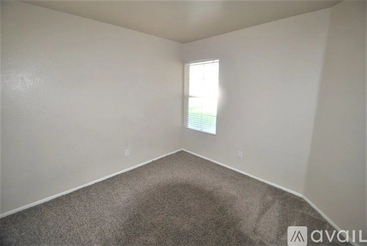 A room with a carpeted floor and a window letting in light.
