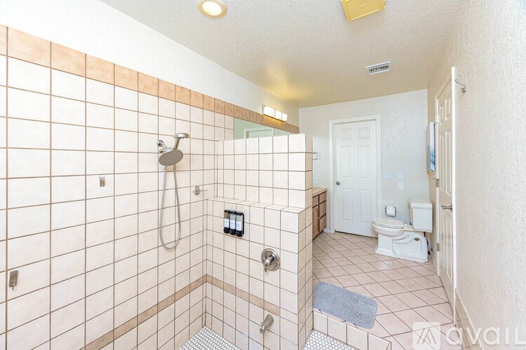 A bathroom with a tiled shower and a toilet.