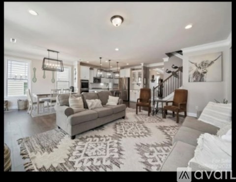 A living room with a grey couch and a rug.
