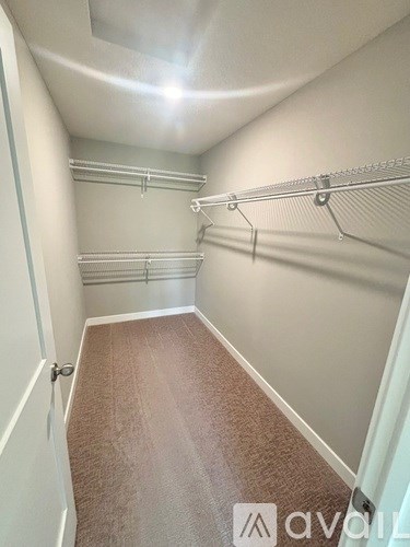 A walk-in closet with a brown carpet and white walls.
