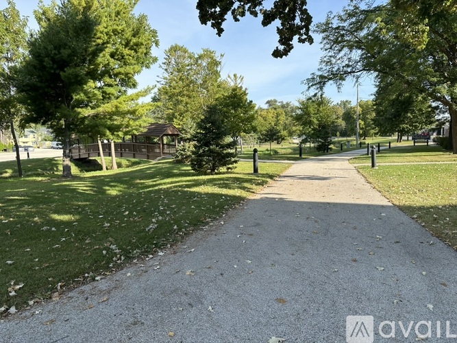 A tree-lined walkway in a park.