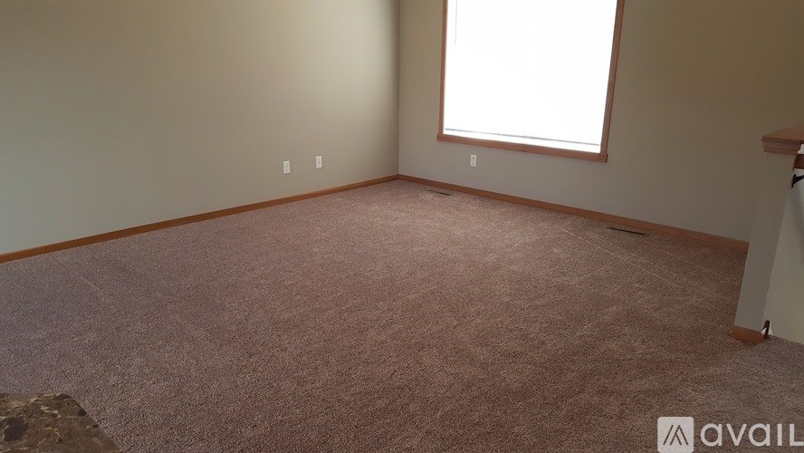 A room with a carpeted floor and a window.